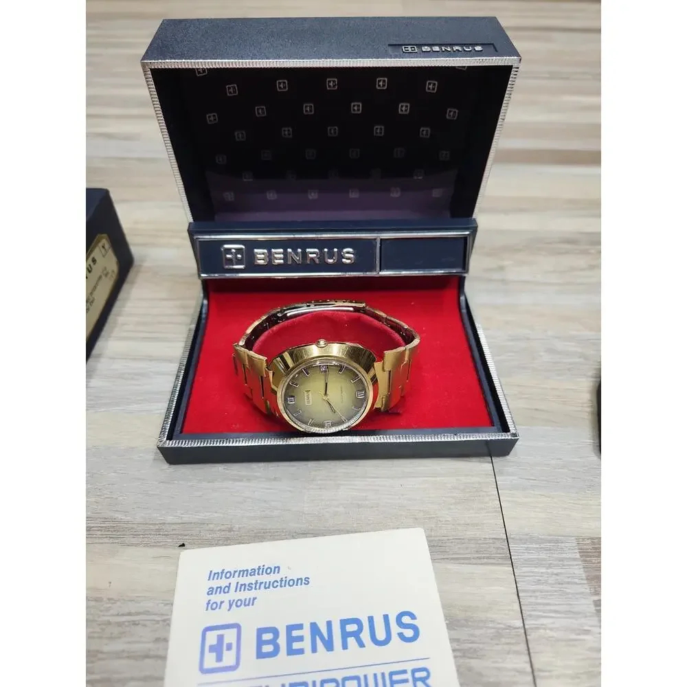 Vintage BENRUS Electronic Technipower Gold Tone Mens Watch, Box And Papers